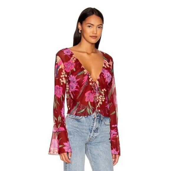 Free People Piece of Paradise Bell Sleeve Floral Mesh V-Neck Blouse Large New e3 - Picture 3 of 15